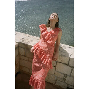 Coco Shop Printed Ruffle Midi Dress Red White